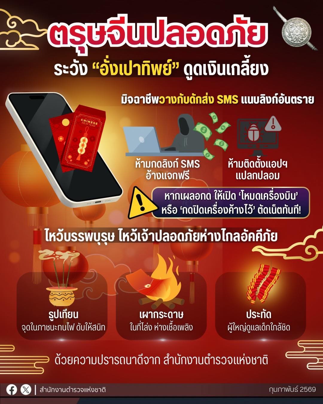 วันจ่าย วันไหว้ วันเที่ยว ตรุษจีนเฮง เฮง  อย่าหลงกลมิจจี้ หลอกส่ง “อั่งเปาทิพย์” ผ่าน SMS เป็นกับดักให้กดลิงก์ดูดเงิน