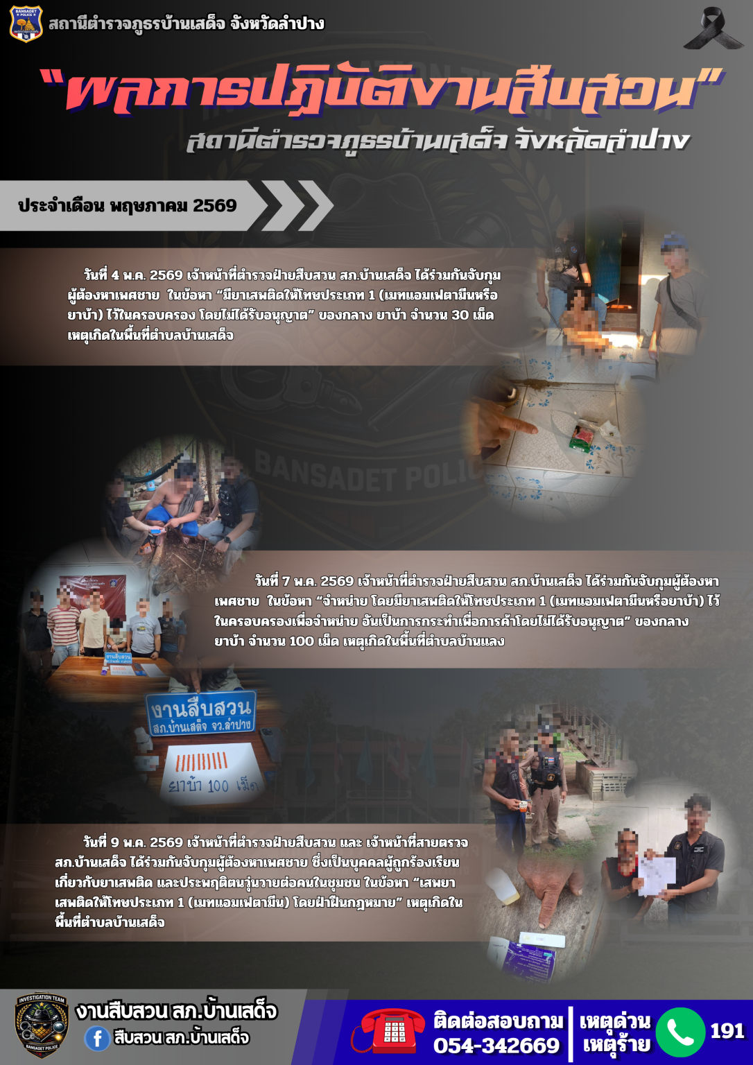 ผลการปฏิบัติงานสืบสวนสอบสวน ประจำเดือน พฤษภาคม 2569 สถานีตำรวจภูธรบ้านเสด็จ