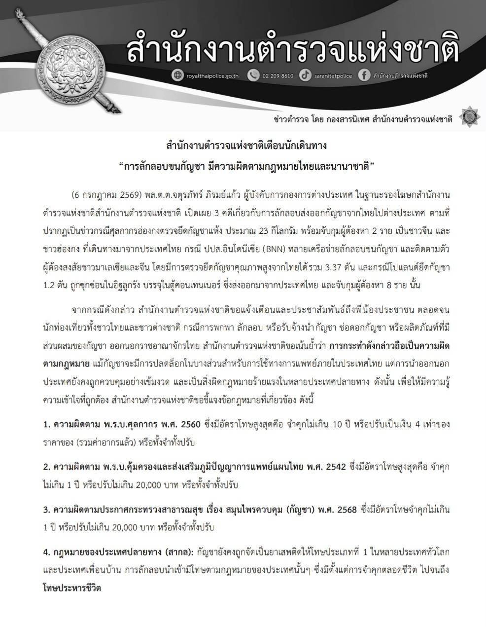 สำนักงานตำรวจเเห่งชาติเตือนนักเดินทาง “การลักลอบขนกัญชา มีความผิดตามกฏหมายไทยเเละนานาชาติ”